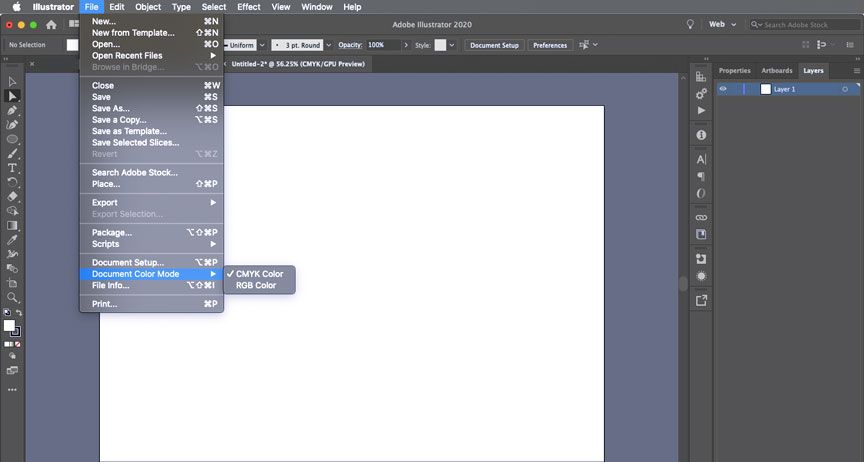 Adobe Illustrator set up CMYK color mode