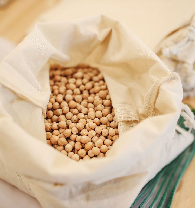 Soybeans in a beige bag