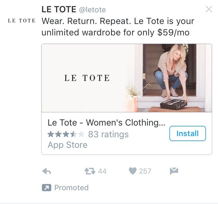 Le Tote Twitter ad mailer box