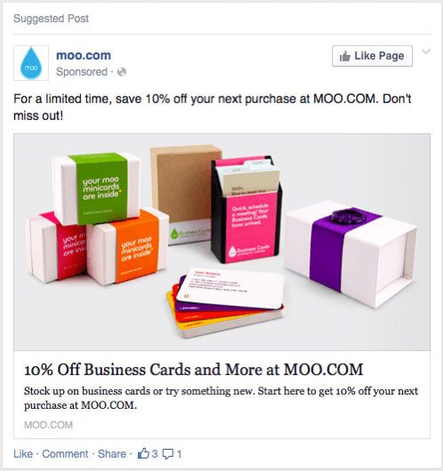 Moo Facebook ad with custom boxes