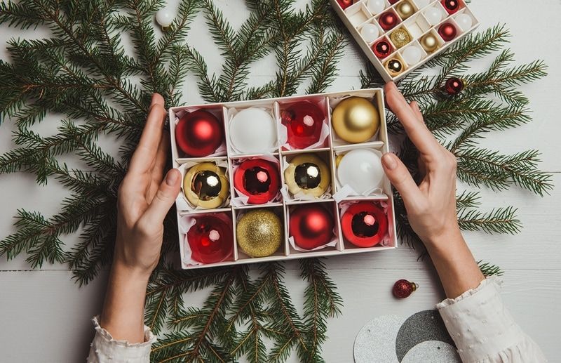 Christmas ornaments in box dividers