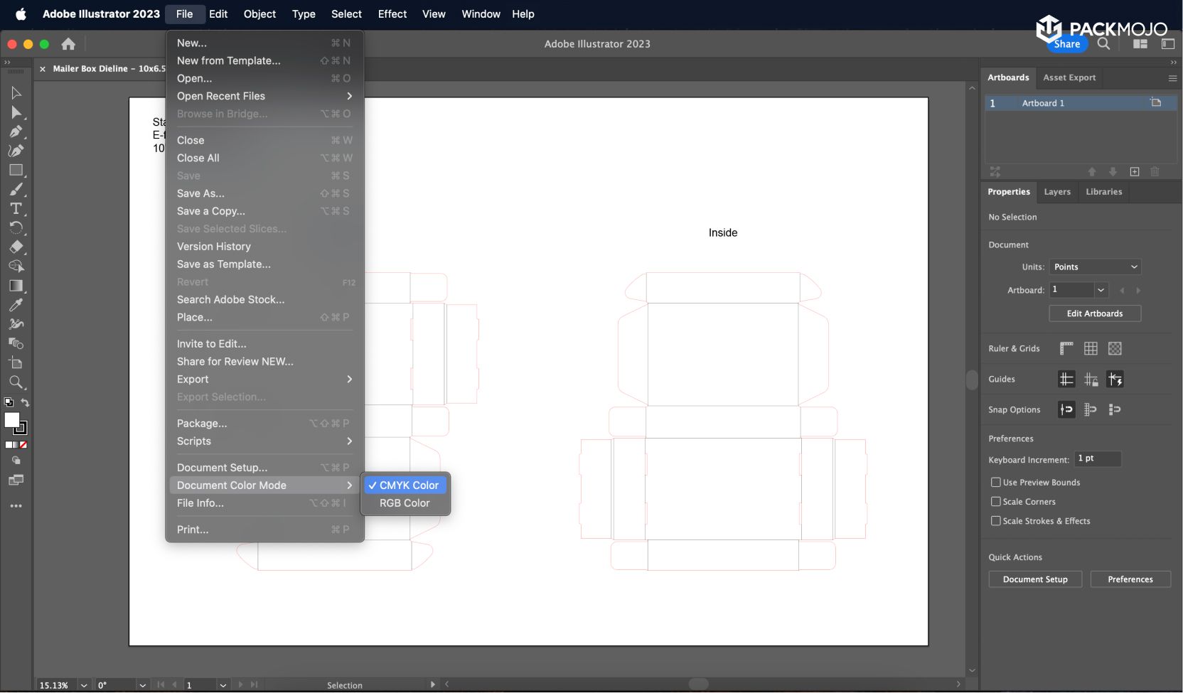 Illustrator Dieline CMYK mode