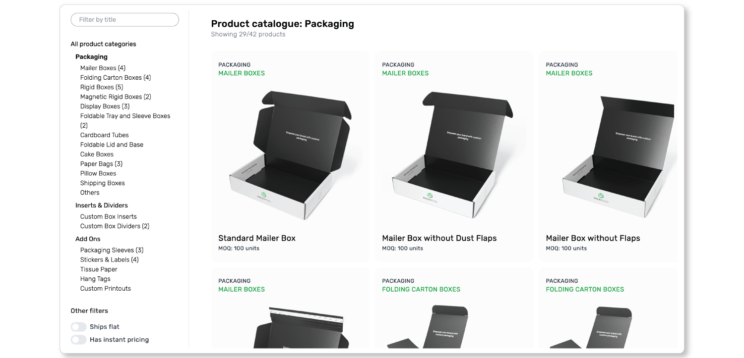 PackMojo Platform Product Catalog